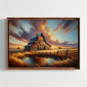 Rustic Countryside Barn at Dusk Painting, Framed Canvas Wall Art, Barn Painting, Rustic Home Decor, Farmhouse Wall Art, Cottagecore Gift