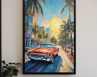 Straatkunst in Miami | Vintage auto, palmbomen, ingelijst canvas