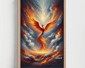 May include: A rectangular framed wall art piece featuring a vibrant phoenix rising amidst swirling clouds of fire and smoke. The bird displays bright orange and red plumage, set against a dark, stormy sky. The text Antarmada is visible at the bottom.