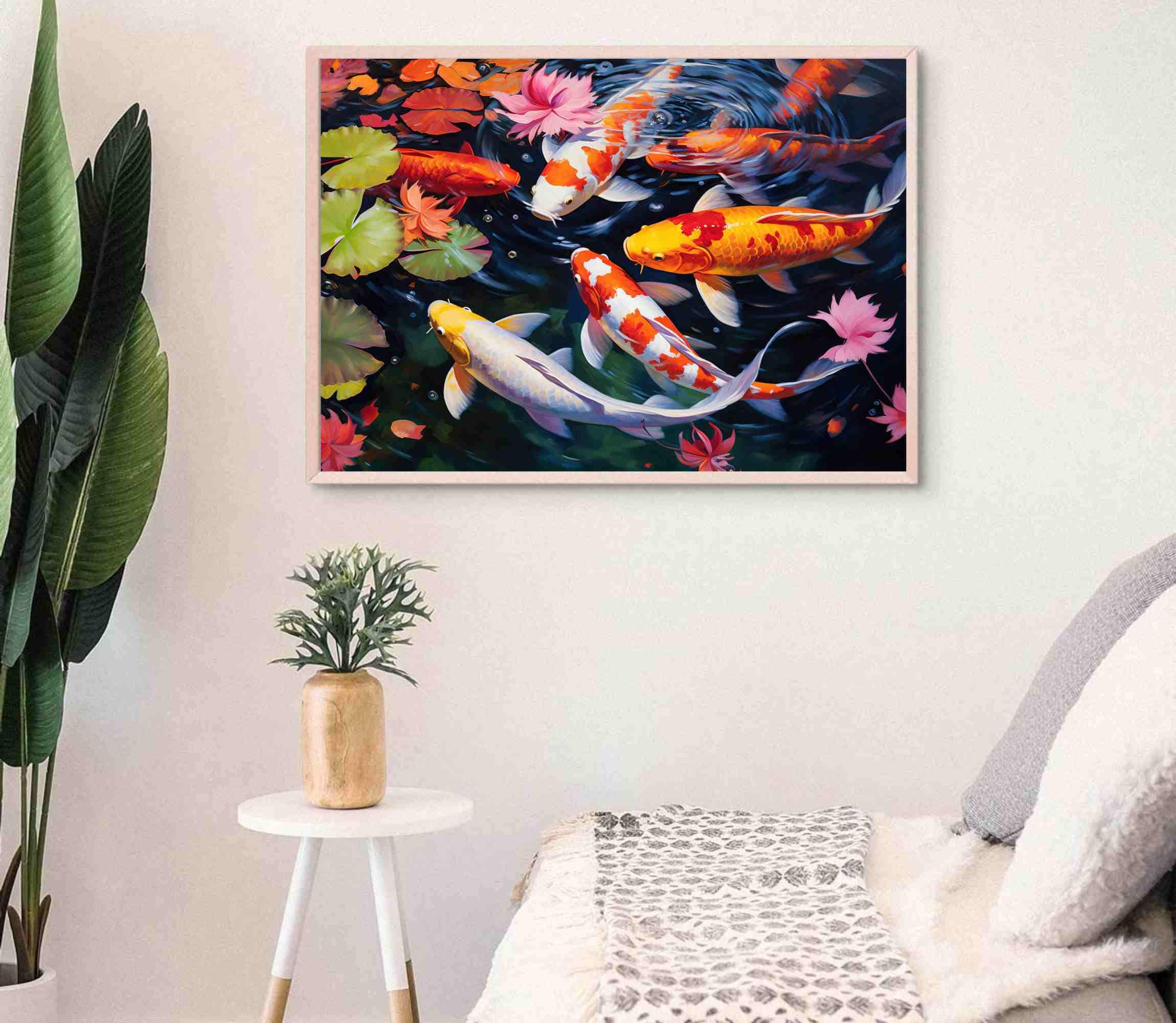 大きなキャンバスに描かれたカラフルな鯉の池の油絵、鯉の絵画、鯉の