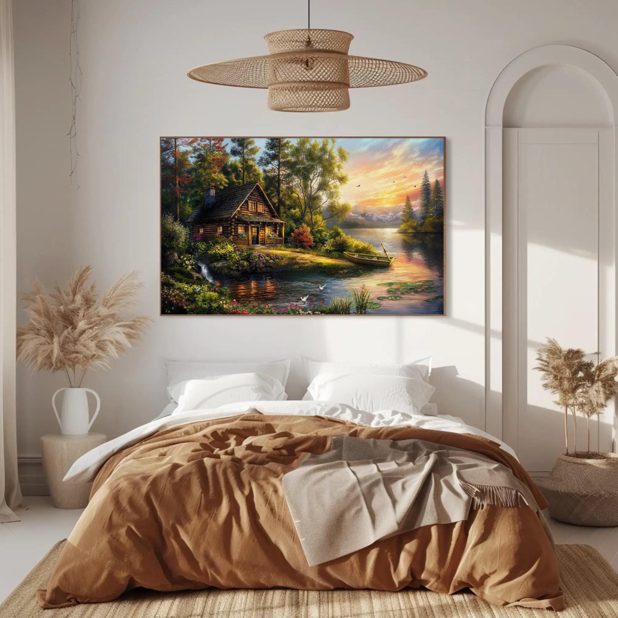 Riverside Cabin Canvas Print, Scenic Landscape Framed Wall Art - Etsy