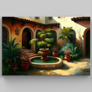 Mexican Garden Painting | Canvas Mexican Courtyard Art | Wall Art Decor | Colorful Art Print | Mexican Art | Mexican Decor, Home Decor