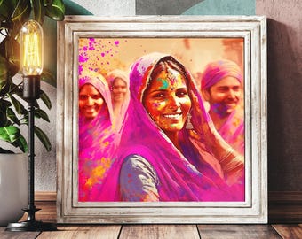Colorful Holi Celebration Art Print – Vibrant Indian Women Portrait