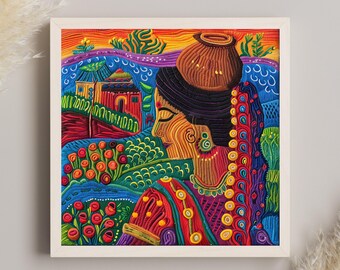 Indian Village Woman Canvas Print: Embroidered Style, Modern Wall Decor