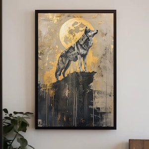 Vertical Wolf and Golden Moon Canvas Print - Extra Large Wildlife Wall Art - Mystical Nature Painting - Rustic Animal Decor Cabin or Home