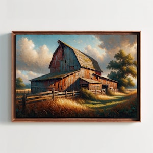 Old Barn Rustic Oil Painting, Farmhouse Cabin Decor, Barn Wall Art, Countryside Painting, Framed Canvas, Rustic Wall Art, Ready To Hang