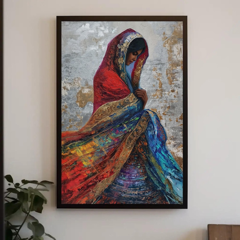 a painting of a woman in a colorful dress