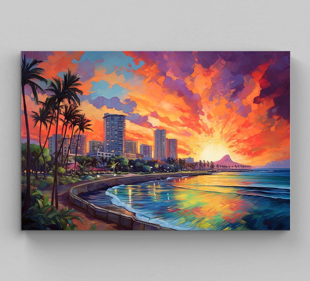 Honolulu Sunset Canvas Print | Waikiki Beach, Hawaiian Art - Etsy