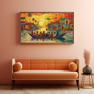 a living room with a couch and a painting on the wall