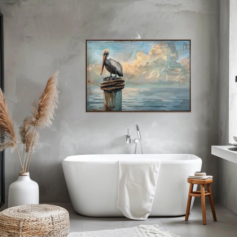 a bathroom with a tub and a painting on the wall