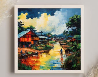 Bangladesh dorp kunstafdruk, kleurrijk woondecoratie canvas