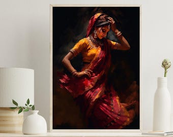 May include: A framed wall art print depicting a person in a yellow blouse and a red and orange patterned sari, with a head covering, jewelry, and bangles, posed with one hand touching their head against a dark, moody, painterly background.