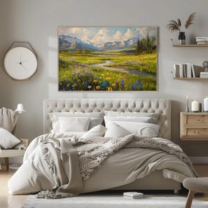 Vintage Meadow Landscape Canvas Print, Mountain River Art imagen 9