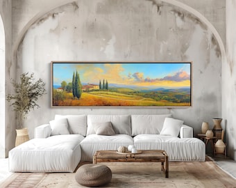 May include: A panoramic landscape painting in a wooden frame depicting a Tuscan countryside scene with a stone villa, tall cypress trees, rolling golden hills, and a vibrant blue sky filled with soft, warm-toned clouds at sunset.
