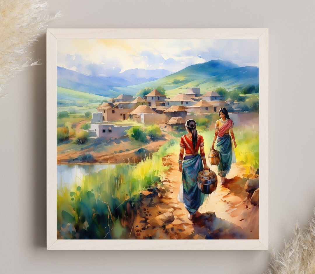 Women Carrying Water Pot to Village Painting, Indian Art, India Canvas ...