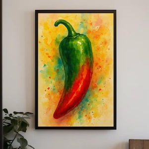 Jalapeno Chili Pepper Watercolor Print | Vibrant Red Green Pepper Art | Spicy Mexican Kitchen Decor | Food Illustration Wall Artwork