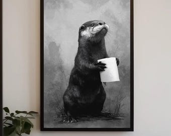 Funny Otter Bathroom Canvas Print, Toilet Paper, Modern Washroom Art