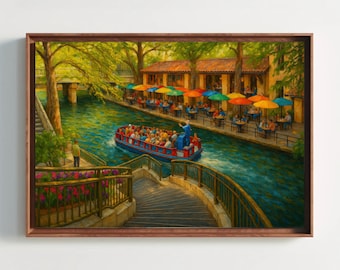 San Antonio River Walk Canvas Print – Texas Travel Art, Café Scene