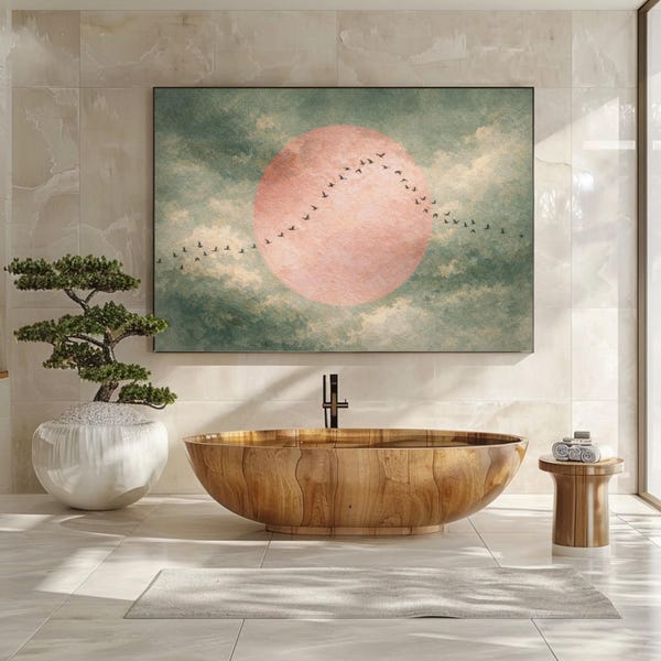 Canvasprint met roze zon: Japanse lucht, vogels in vlucht
