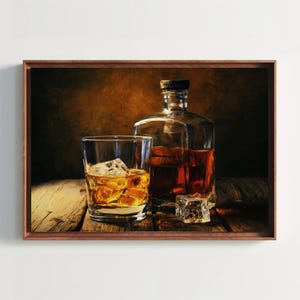 Whiskey Wall Art Canvas | Bourbon Painting Print for Bar Cart Decor | Moody Man Cave Wall Art | Still Life Cocktail Painting for Kitchen