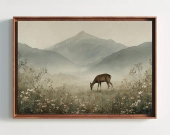 Zen Deer Canvas Print, Cottagecore Fine Art, Misty Mountain Landscape, Serene Nature Painting