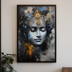 Krishna Portrait Painting, Krishna Canvas Wall Art, Krishna Framed Print, Hindu God Wall Art, Indian Painting Ready To Hang