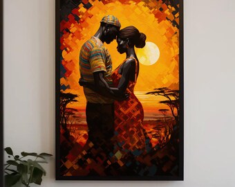 May include: A framed wall art print depicting two figures in an embrace against a vibrant orange and yellow sunset background. The scene features stylized silhouettes of trees, a large circular sun, and a mosaic-like pattern of warm colors.