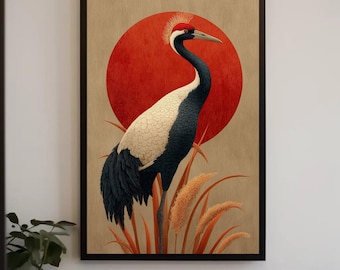Impresión en lienzo de grulla japonesa, arte japonés de sol rojo, decoración zen minimalista
