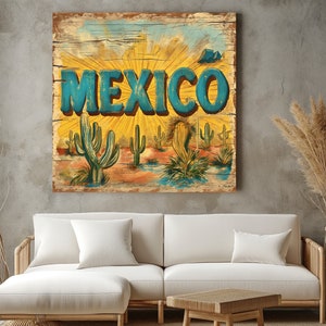 Mexico Wood Style Canvas Print Sign, Mexico Sign, Mexican Wall Art, Mexican Restaurant Decor, Mexican Desert Landscape Print, Ready To Hang