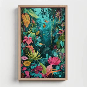 Blue Colourful Tropical Jungle Wall Art - Tropical jungle Framed Print - Forest Cabin Wall Decor - Extra Large Canvas - Ready To Hang