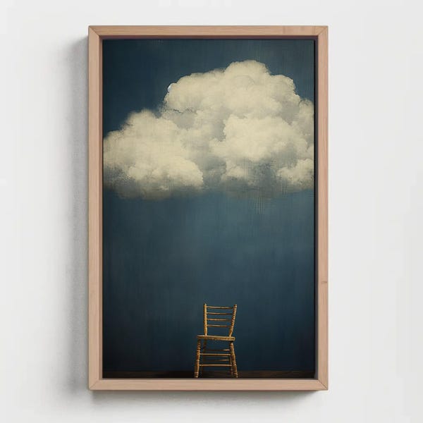 Vintage Cloud Painting Canvas Art: Moody Navy Blue Sky, Chair Wall Decor