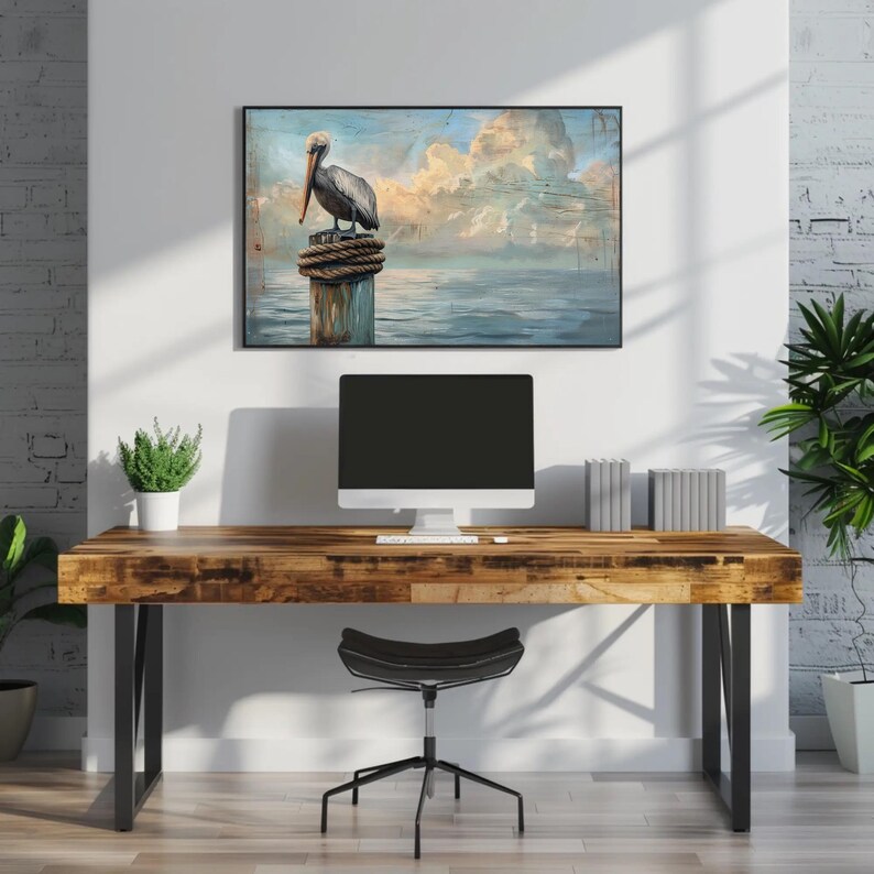 a painting of a pelican sitting on a dock