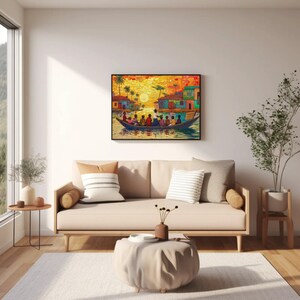 a living room with a couch and a painting on the wall