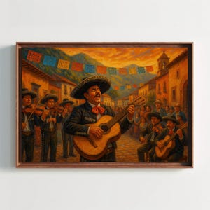 Mexican Mariachi Band Canvas Print, Fiesta Street Scene Wall Art