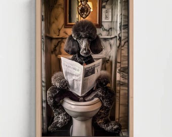 Poodle Reading Newspaper on Toilet - Humorous Bathroom Canvas Print