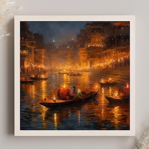 Varanasi Diwali Night Art Painting | Varanasi Large Canvas Prints | Varanasi Framed Poster | Varanasi Wall Art