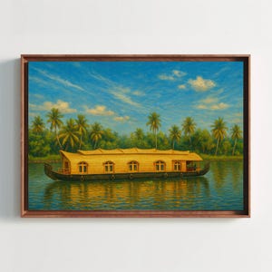 Kerala Houseboat Tropical Backwater Scene Canvas Print Wall Art with Palm Trees and Reflections Traditional South Indian Coastal Painting