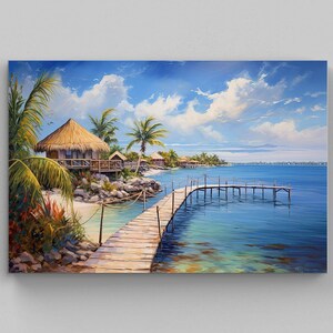 May include: A landscape painting of a tropical beach scene featuring a thatched-roof hut on a rocky shore, a wooden pier extending into calm blue water, lush green palm trees, and a bright blue sky filled with white clouds over the horizon.
