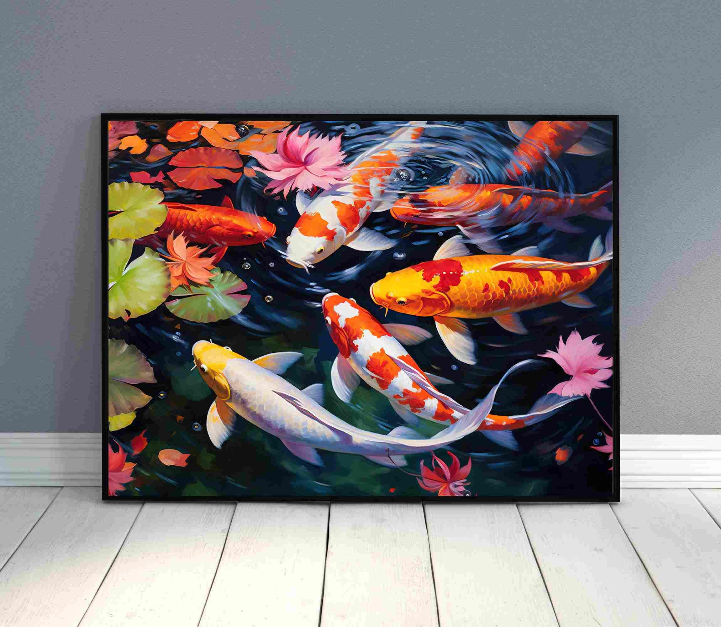 カラフルな鯉の池のキャンバス、大きな壁アート - Etsy 日本