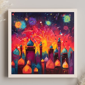 Diwali City India Abstract Artwork on Large Canvas Diwali Gift Indian Wall Art