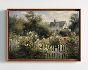 May include: A framed landscape painting depicting a two-story house with a dark roof and a red chimney, situated behind a white picket fence. The foreground features lush green foliage and blooming pink and red rose bushes under a cloudy sky.