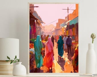 Indian Market Canvas Print, Chaotic Street Scene, Colorful Home Decor