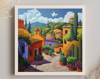 May include: A framed wall art print depicting a vibrant Mediterranean-style village scene with colorful orange, yellow, and purple buildings, a winding cobblestone path, various potted cacti, and lush green hills under a bright blue sky with white clouds.