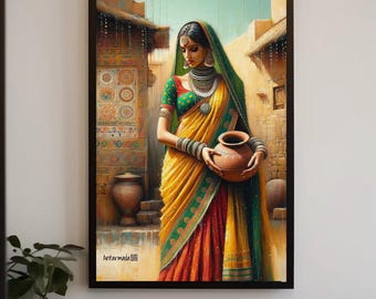 Indian Woman Portrait Canvas Painting, Desi Living Room Wall Art, Framed Print