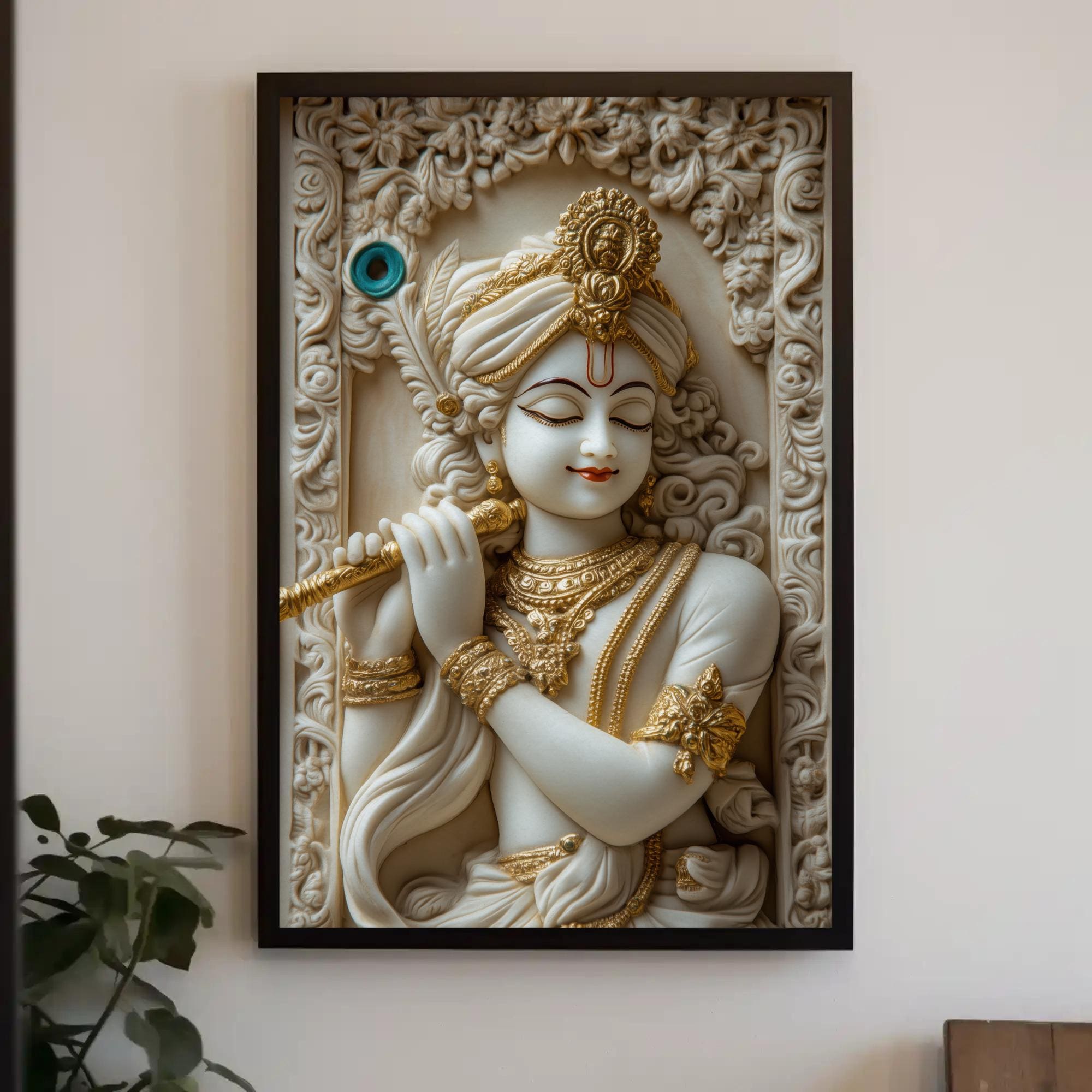 Krishna 3D Illusion Canvas Print | White & Gold Hindu Wall Art - Etsy