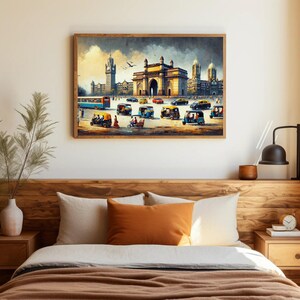 a bed with a painting on the wall above it