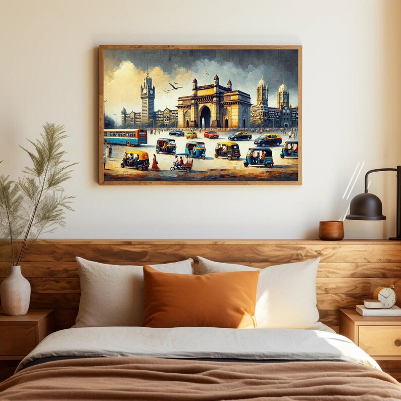 a bed with a painting on the wall above it