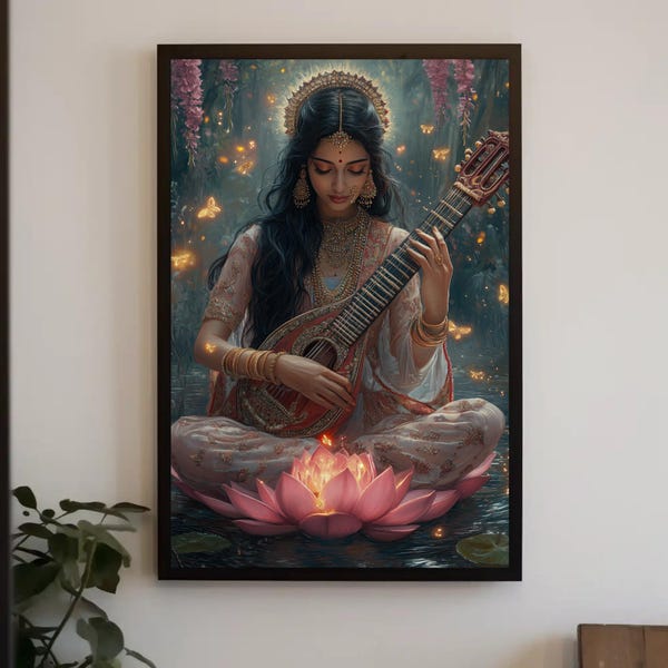 Goddess Saraswati Canvas Print, Hindu Goddess Fine Art, Indian Wall Art, Enchanted Forest Painting, Spiritual Decor