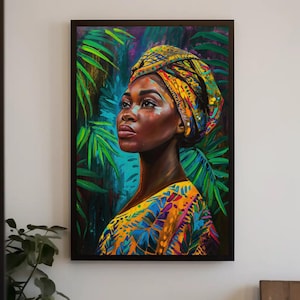 Colorful Caribbean Woman Canvas Print - Extra Large Vibrant Portrait Painting - Afro-Caribbean Wall Art for Cultural Home or Studio Decor
