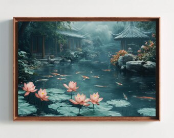Koi Fish Pond Canvas Print, Zen Asian Wall Art